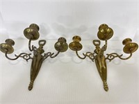 Pair of brass wall mounted candelabras