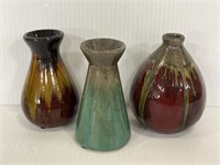 Three small glazed ceramic pottery bud vases