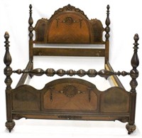 Carved & inlaid depression era full size bed