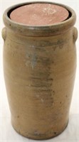 Early stoneware churn with lid & handles
