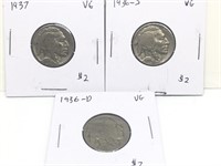 Three Vintage Buffalo Nickel coins graded