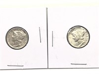 Pair of Vintage Winged Mercury Silver Dime coins