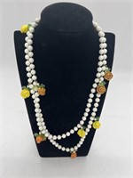 White Beaded with Multi Color Roses Necklace