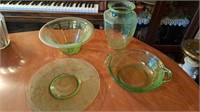 Green depression glass, bowls, vase, salad plate