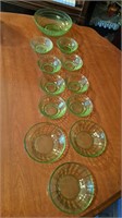 Green depression glass, 8 garnish bowls, 3 side