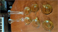 6 Amber depression glass teacups, 2 vases