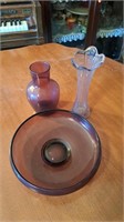 Violet  glass  vases and 8 inch bowl