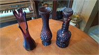 Violet carafe,  two vases, all approximately 12