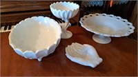 Milkglass serving footed serving bowls, spoon
