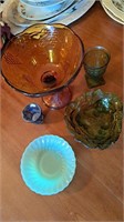 Amber fruit bowl, green candy dish and cup,