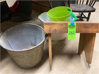 Wood  Bench, Galvanized Bucket