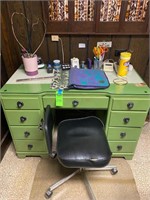 Wood Desk & Chair w/All Contents on Top