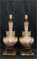 2pc Hand Painted Pink Rosette Porcelain Lamps