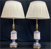 Pair Blue & White Brass Accented Lamps
