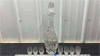 Pinwheel crystal liqueur decanter and 7 cups