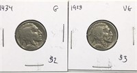 Pair of Vintage Buffalo Nickel coins graded