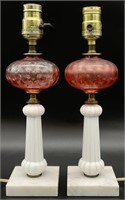 2pc Cranberry Colored Glass / Marble Lamps