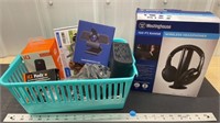 Basket of assorted electronic accessories