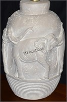 Large Pottery Table Lamp Elephants In Relief!