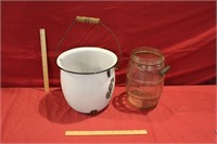 Enamel Diaper Pot and Glass Pickle Jar with Handle