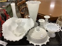 Milk Glass Bowl, Vases, Covered Dish.: