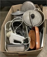 Large Box Of Pots & Pans, Hand Mixer, Kitchen