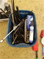 Small tote of assorted tools and items