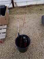 Bucket with 2 ice fishing rods & reels