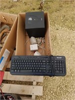 Box with computer speaker, subwoofer and keyboard