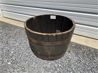 Wooden oak barrel planter 25" dia. X 17" high.