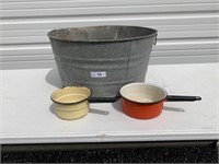 Galvanized Wash Tub and 2 Pots.  Washtub is 21