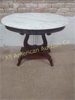 VTG MAHOGANY MARBLE TOP HARP BASE TABLE