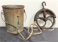 Antique Metal Well Bucket with Pulley