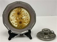 Pewter Candlestick and Pewter Rim Decorative Plate
