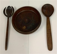 Small Wooden Salad Bowl and Fork and Spoon