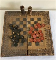 Old Checker and Chess Folding Board and Pieces