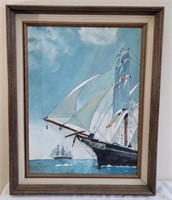 Framed Painting on Canvas of Ship on Water