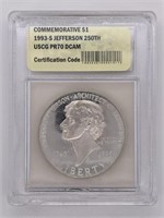 1993 S Thomas Jefferson 250th Silver dollar PR70 D