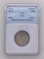 1871 A French Republic silver 2 francs, F15 by NNC