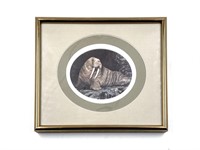 Triple matted and framed print of a walrus 6.25" x