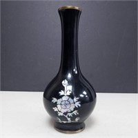 Vtg Black Lacquer Vase, Mother of Pearl Inlay