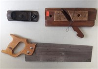 3 Woodworking Tools, Saw, Miter Box, Stanley Plane