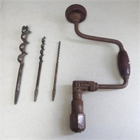 Vintage Hand Drill and 3 Drill Bits