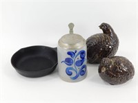 ** Stoneware Tankard, 2 Ceramic Quail & Small