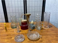 Glass Vases, Candle Pillar, & Red Jar w/