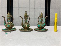 Ornate Brass Tea Pots w/ Saucers &