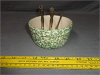 Roseville Spongeware Bowl & 3 Silver Plate Spoons