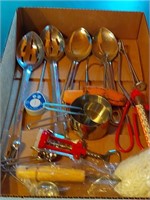 box lot with serving spoons Etc