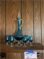 Vintage 1960 Empoli Italian Blue Glass Set