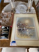 Picture, Asst Clocks & Misc Glass Items